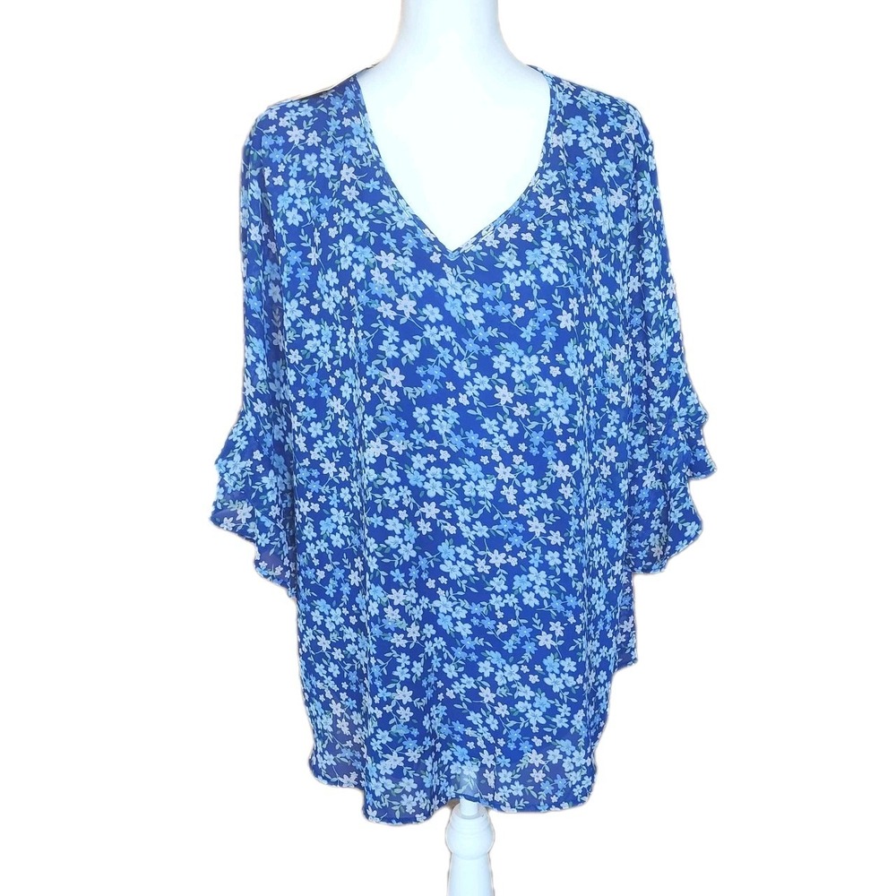 Valolia Womens Top 2X Plus Blue Floral Flowy Feminine Casual Office Church‎ NWT